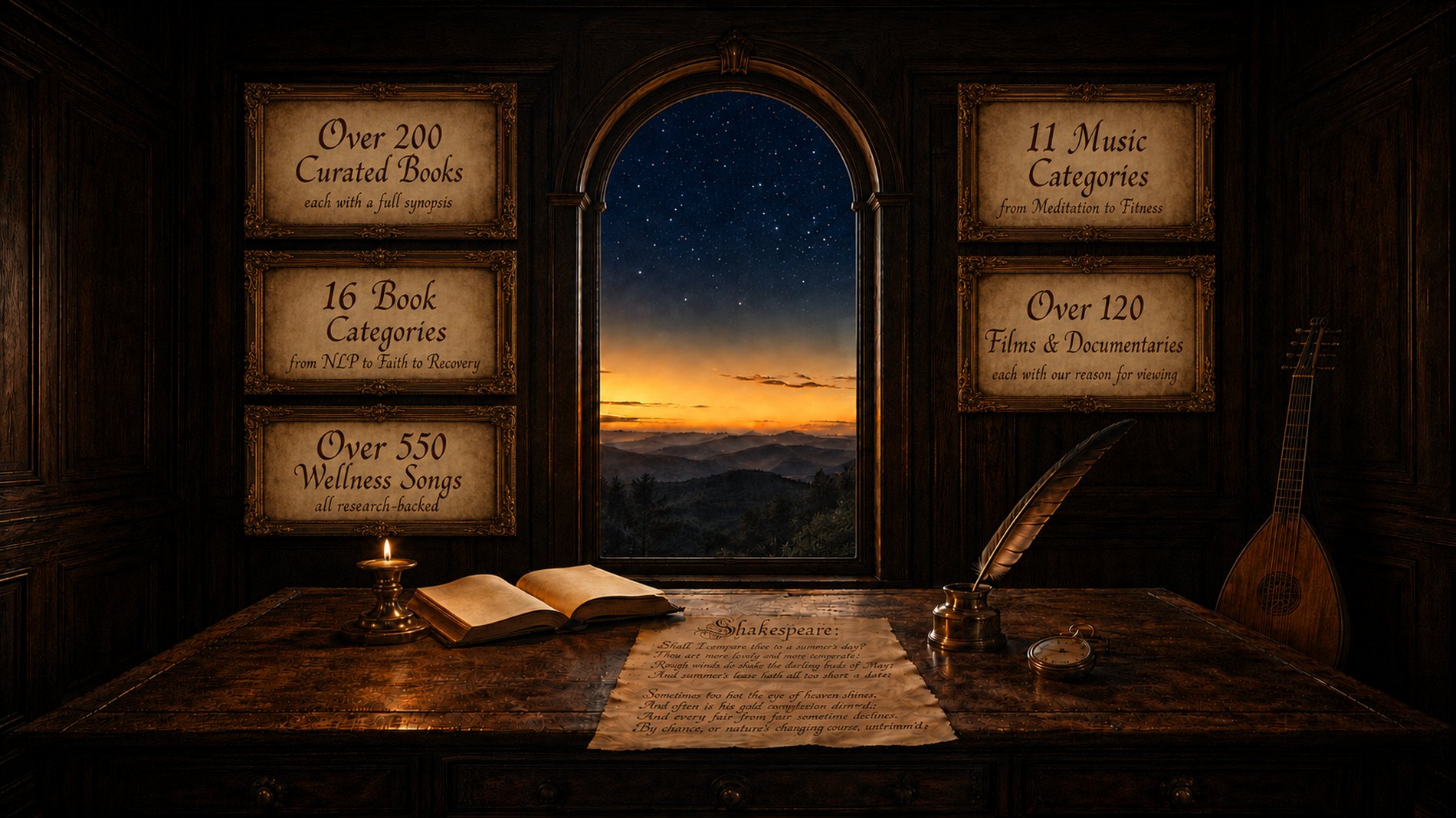 The Break State resource library: a candlelit writer's desk with an arched window onto a sunset, with framed parchment plaques on the walls reading: Over 200 curated books, each with a full synopsis; 16 book categories, from NLP to faith to recovery; Over 550 wellness songs, all research-backed; 11 music categories, from meditation to fitness; Over 120 films and documentaries, each with our reason for viewing.