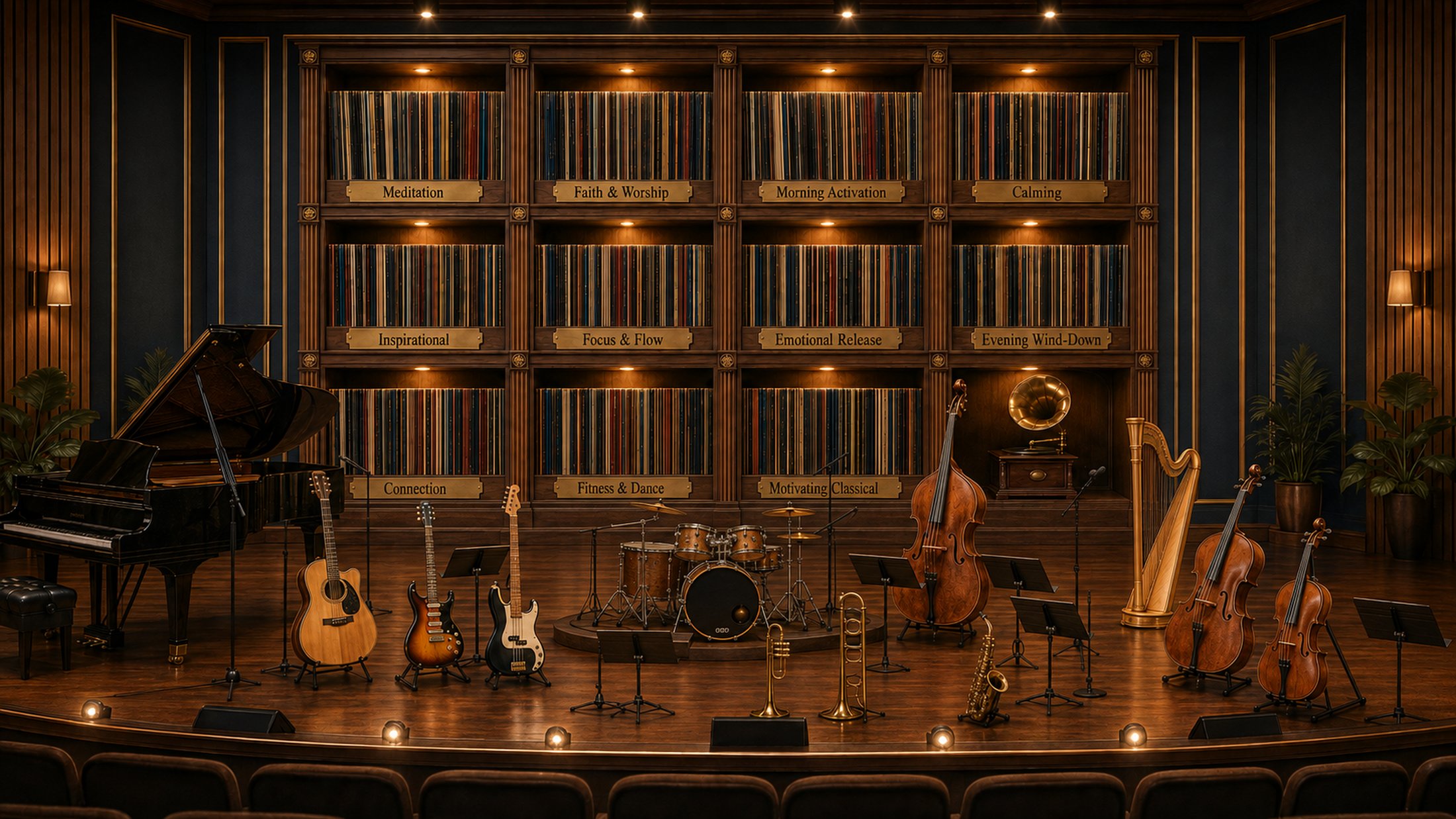 The Break State Music Library — a concert stage backed by eleven labelled record shelves