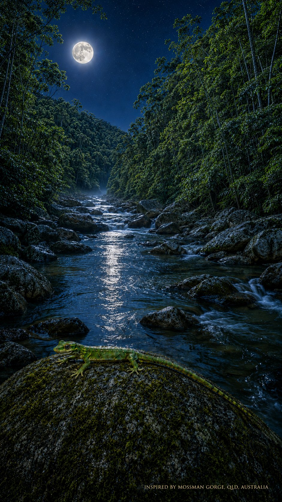 A gecko on a moonlit boulder beside a rainforest stream, inspired by Mossman Gorge, Queensland