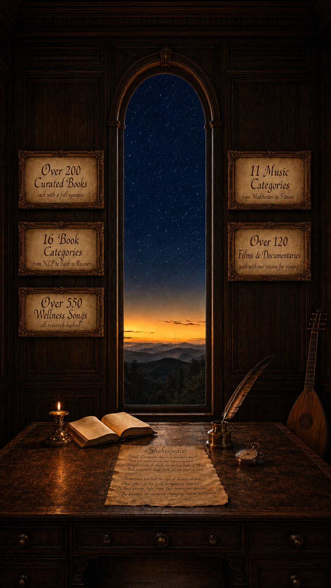 The Break State resource library: a candlelit writer's desk with an arched window onto a sunset, with framed parchment plaques on the walls reading: Over 200 curated books, each with a full synopsis; 16 book categories, from NLP to faith to recovery; Over 550 wellness songs, all research-backed; 11 music categories, from meditation to fitness; Over 120 films and documentaries, each with our reason for viewing.