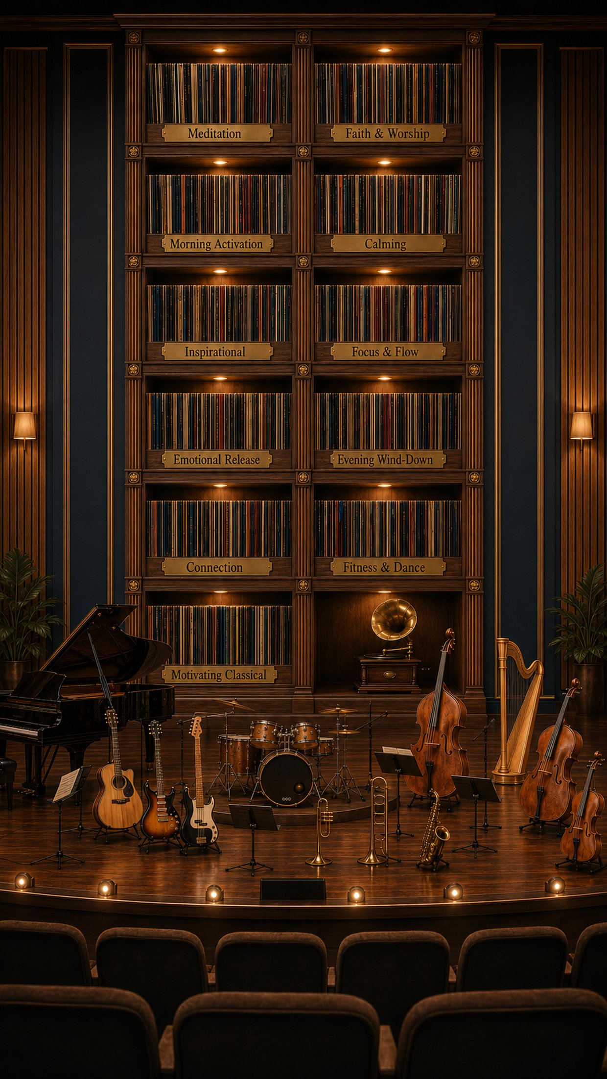 The Break State Music Library — a concert stage backed by eleven labelled record shelves