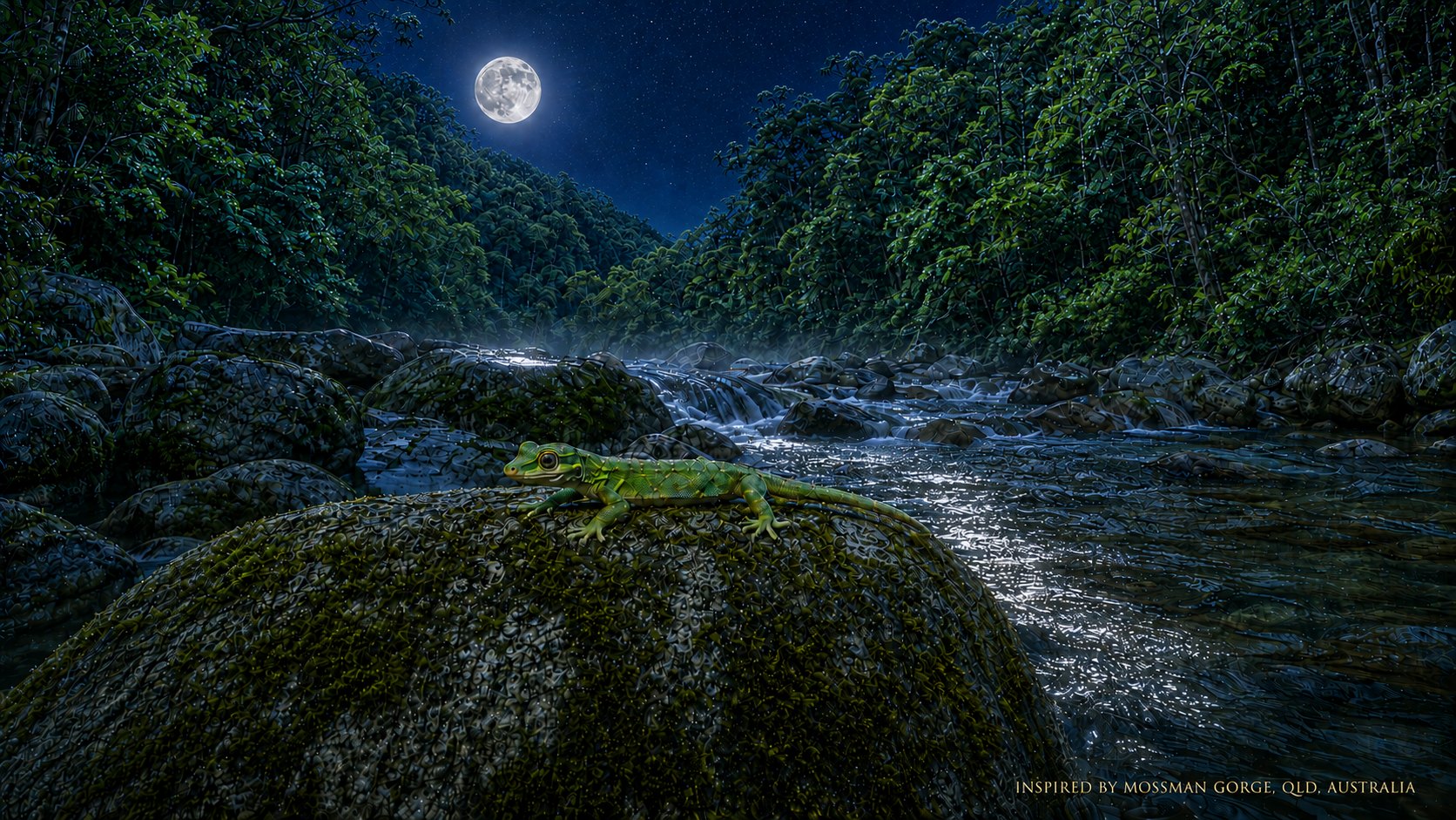 A gecko on a moonlit boulder beside a rainforest stream, inspired by Mossman Gorge, Queensland