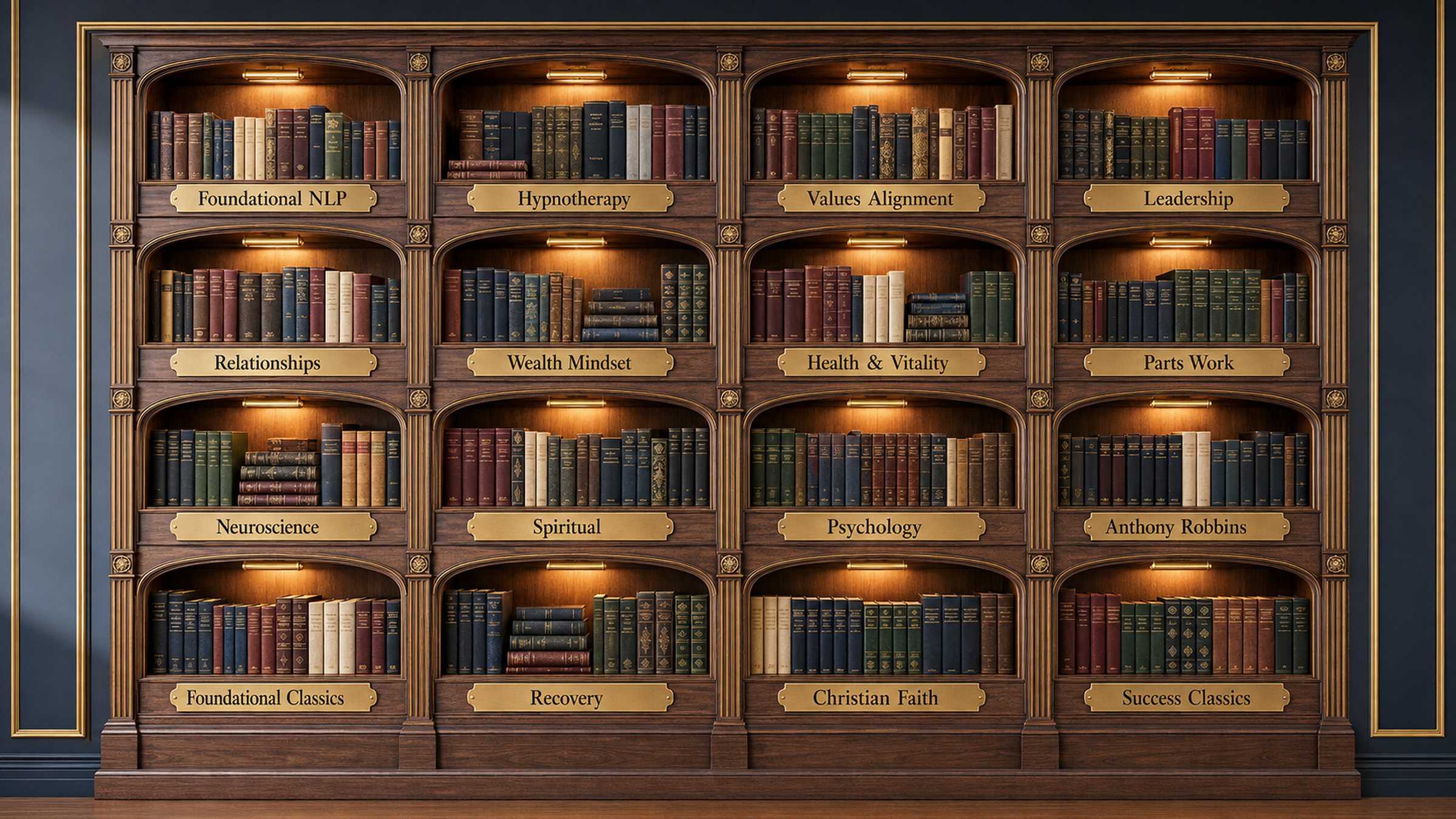 The Break State Reading Library — sixteen labelled category shelves