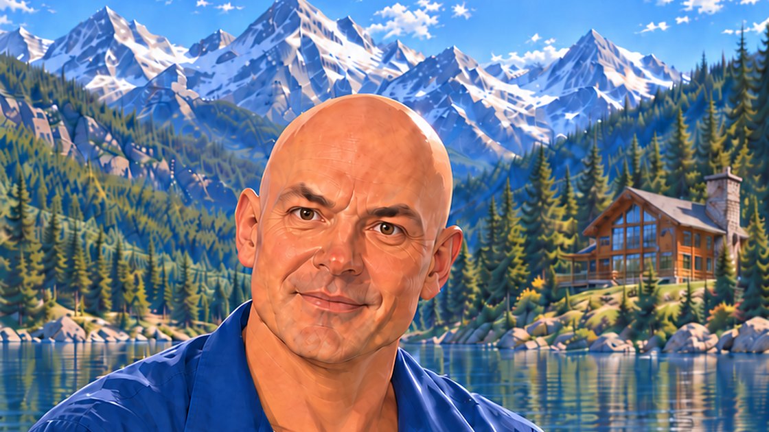 Gordon in a rowing boat on a mountain lake, from the video