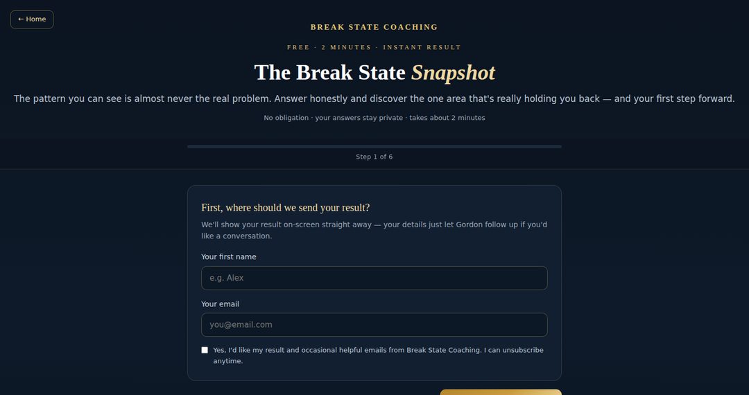 The Break State Snapshot, a two-minute quiz with an instant result